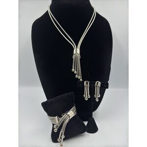 Vintage Silver Tone Unsigned Snake Chain Modernist Parure Necklace Bracelet Set